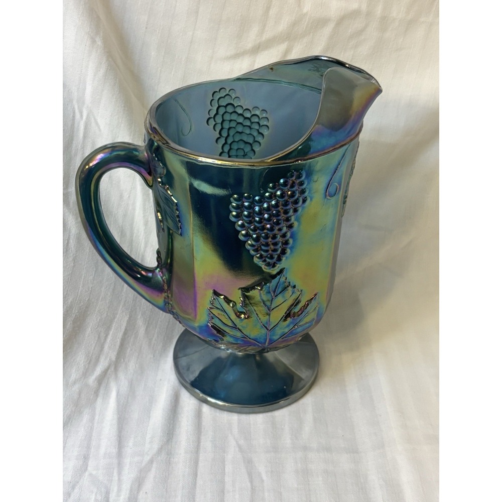 Vintage Indiana‎ Carnival Glass Pitcher Iridescent Blue Harvest Grape Vine